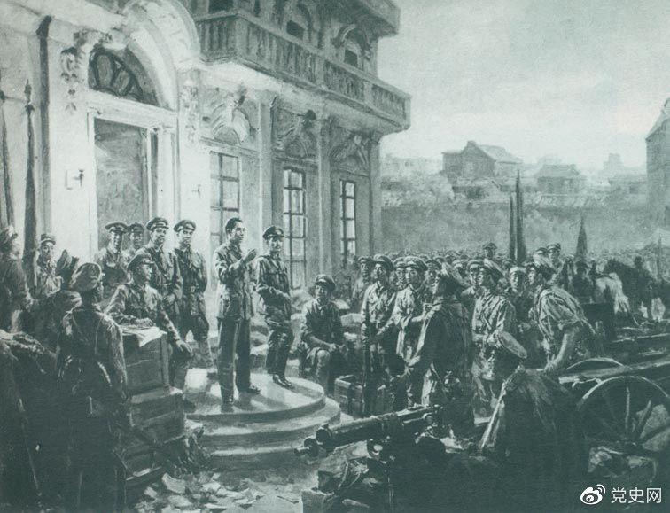 1927年8月1日，南昌起義爆發(fā),標志著(zhù)中國共產(chǎn)黨獨立領(lǐng)導革命戰爭、創(chuàng  )建人民軍隊和武裝奪取政權的開(kāi)端，開(kāi)啟了中國革命新紀元。這是《八一起義》油畫(huà)。